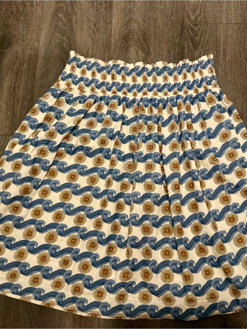 Blue and Cream Floral Wave Smocked Waist Skirt